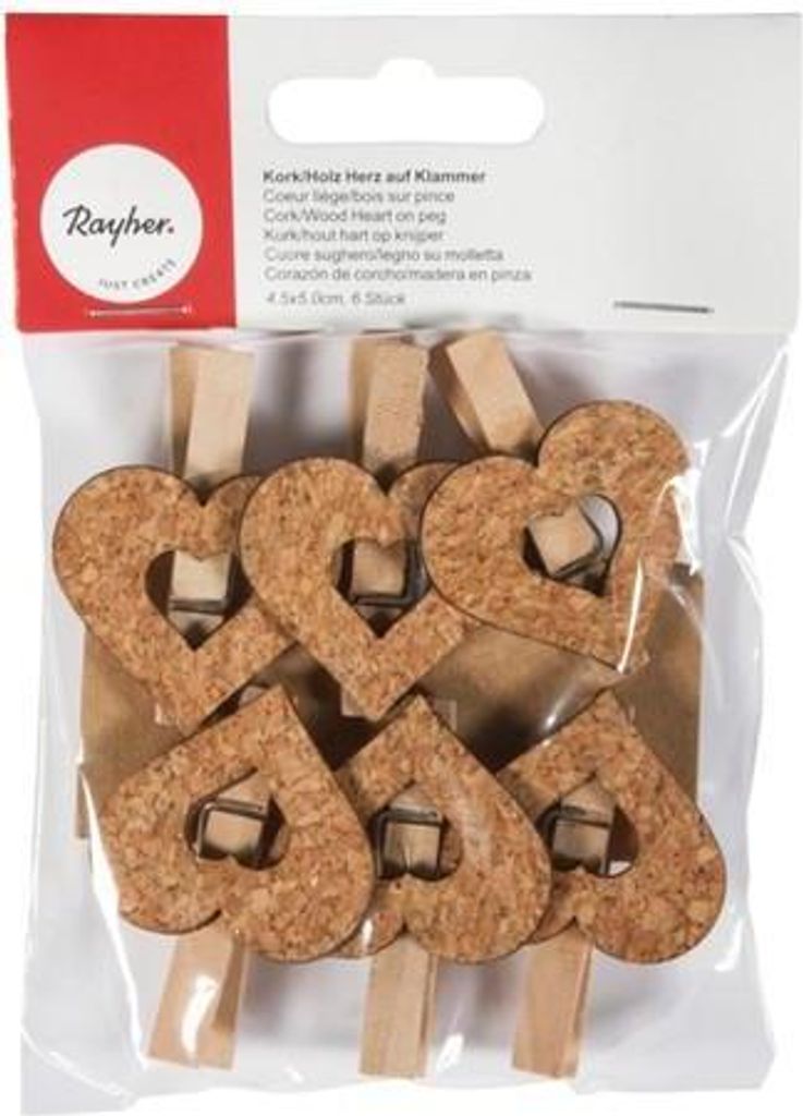 Holz Wäscheklammern x 6 - Kork Herzen