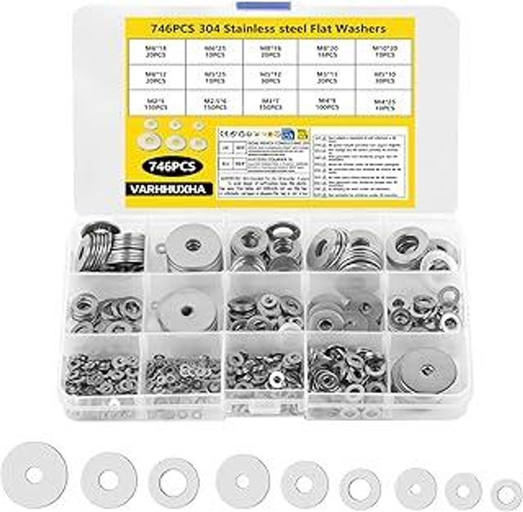746 Stk Edelstahl Unterlegscheiben Set,Karosseriescheiben Beilagscheiben Sortiment,Metall Flach Unterlegscheiben für Schrauben Muttern Sicherungss...