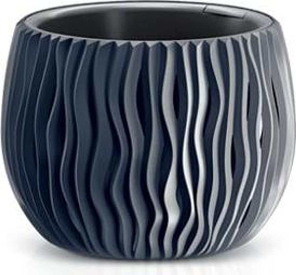 A dark gray, wavy patterned plant pot.