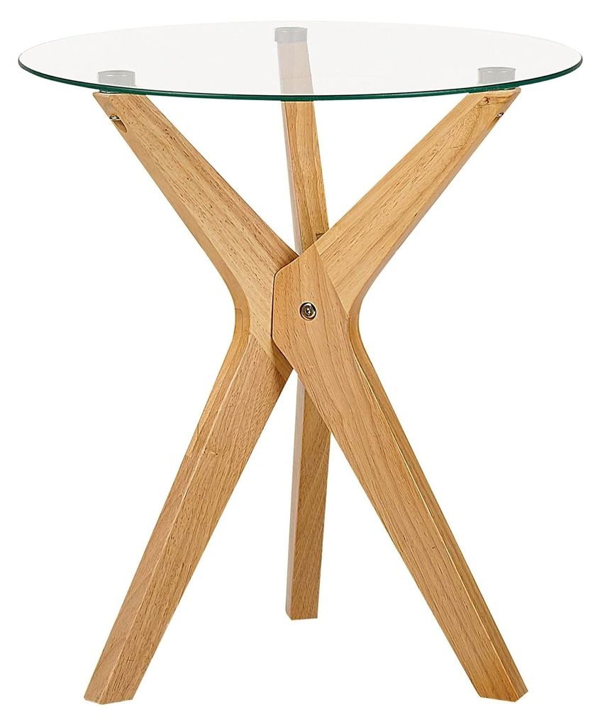 Runder Beistelltisch aus Glas mit hellbraunen Holzbeinen, ø45 cm