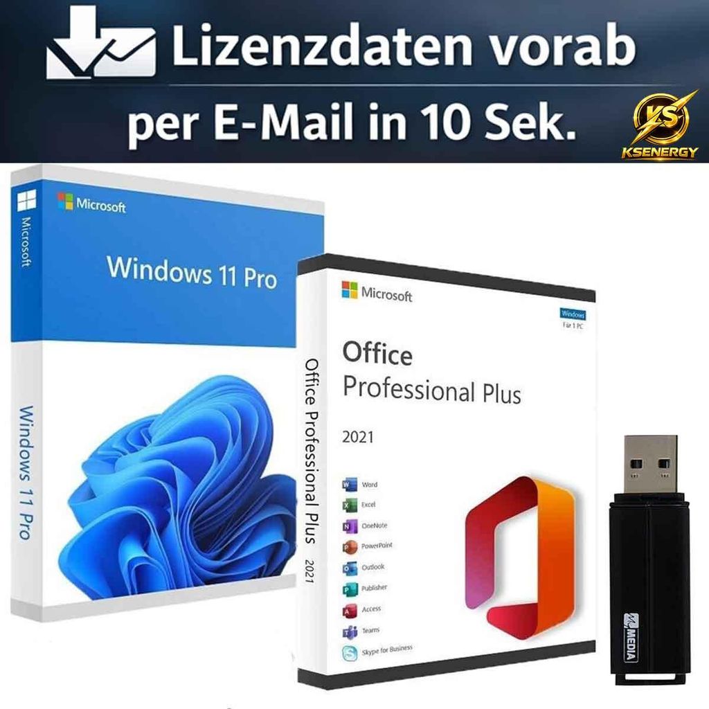 Microsoft Windows 11 Pro + Office 2021 Professional Plus + USB-Stick von ksenergy + Produktschlüssel + Lizenzdaten vorab per E-Mail in 10 Sekunden