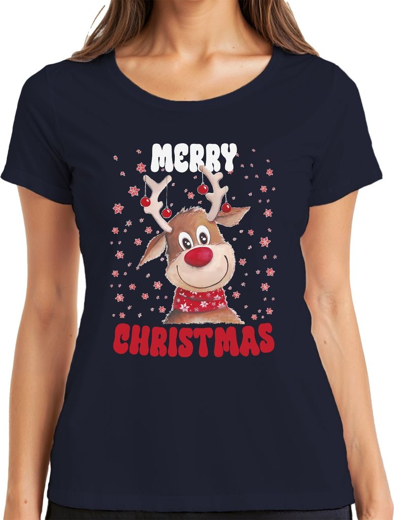 Merry Christmas Reh Rentier Süß - Weihnachten Xmas Christmas Damen T-Shirt, Navy, XL