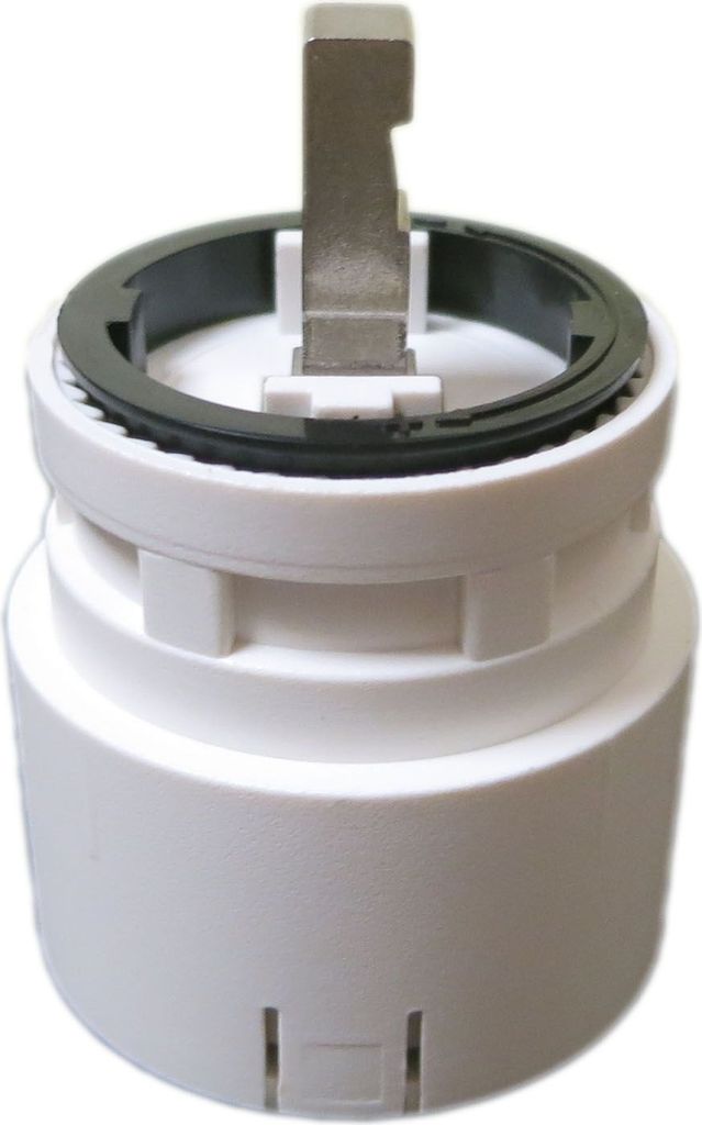A white plumbing cartridge with a metal lever on a white background.