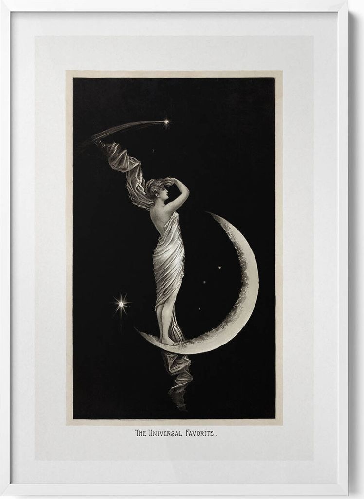 Frau und Mond Vintage-Illustration– Wandbild mit Rahmen – Gerahmtes Bild – Wanddekoration – 70x100 cm – Weiß Rahmen