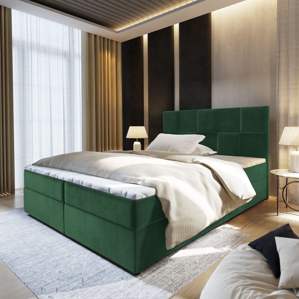 Masseno Boxspringbett PRATA 140x200 cm Komplett-Set mit Bonell Matratze und Topper, Polsterbett mit Bettkästen -Grün, KRONOS 19