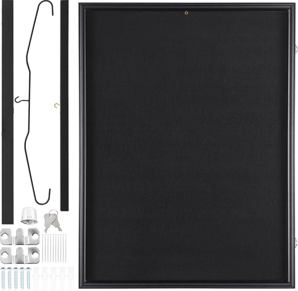 A black display frame and its accessories are laid out on a light gray background.