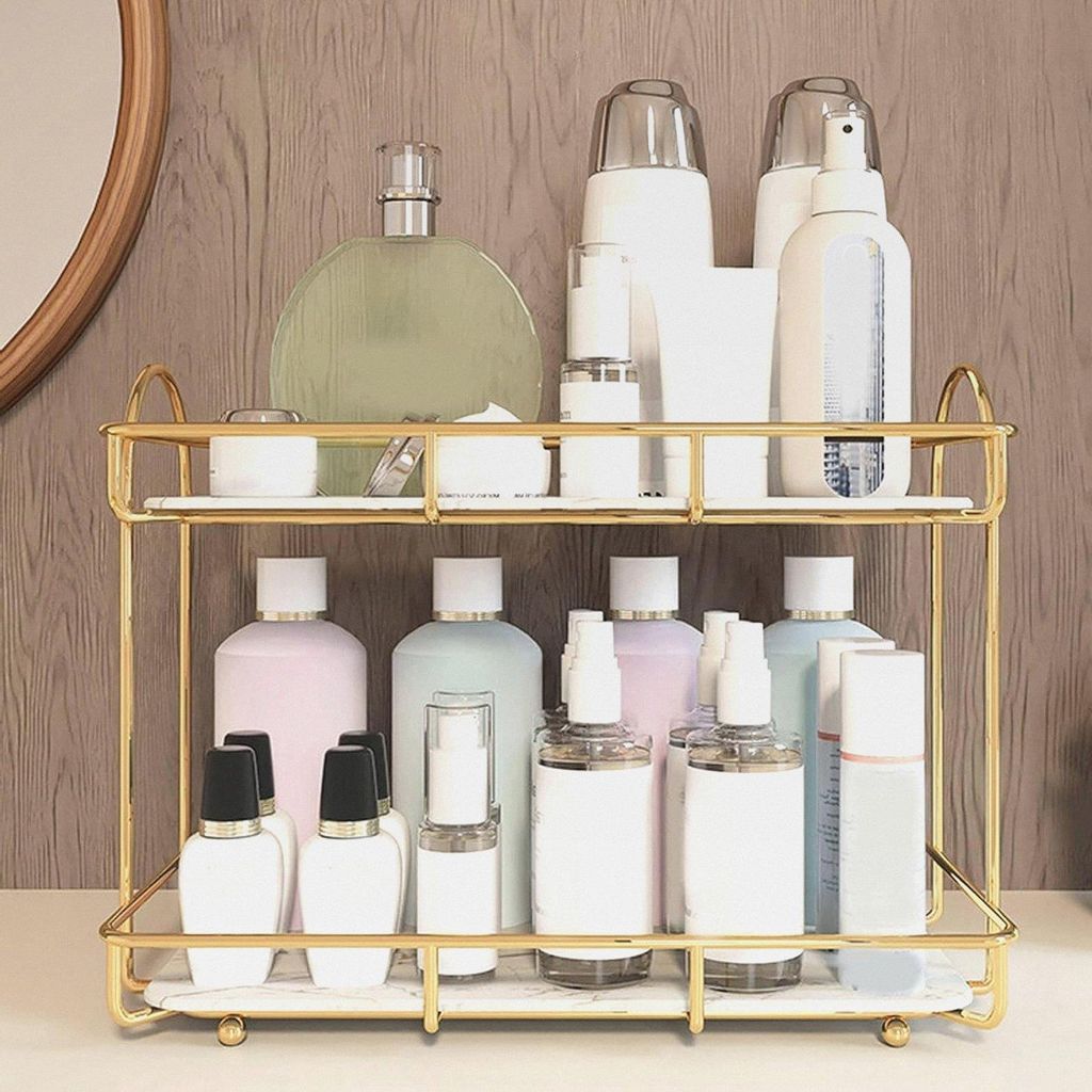 2-stöckiger Badezimmer-Aufbewahrungs-Kosmetik-Organizer, wasserdicht, goldenes Metall-Aufbewahrungsregal, Kommode, Tablett, Parfüm-Organizer, Kü...