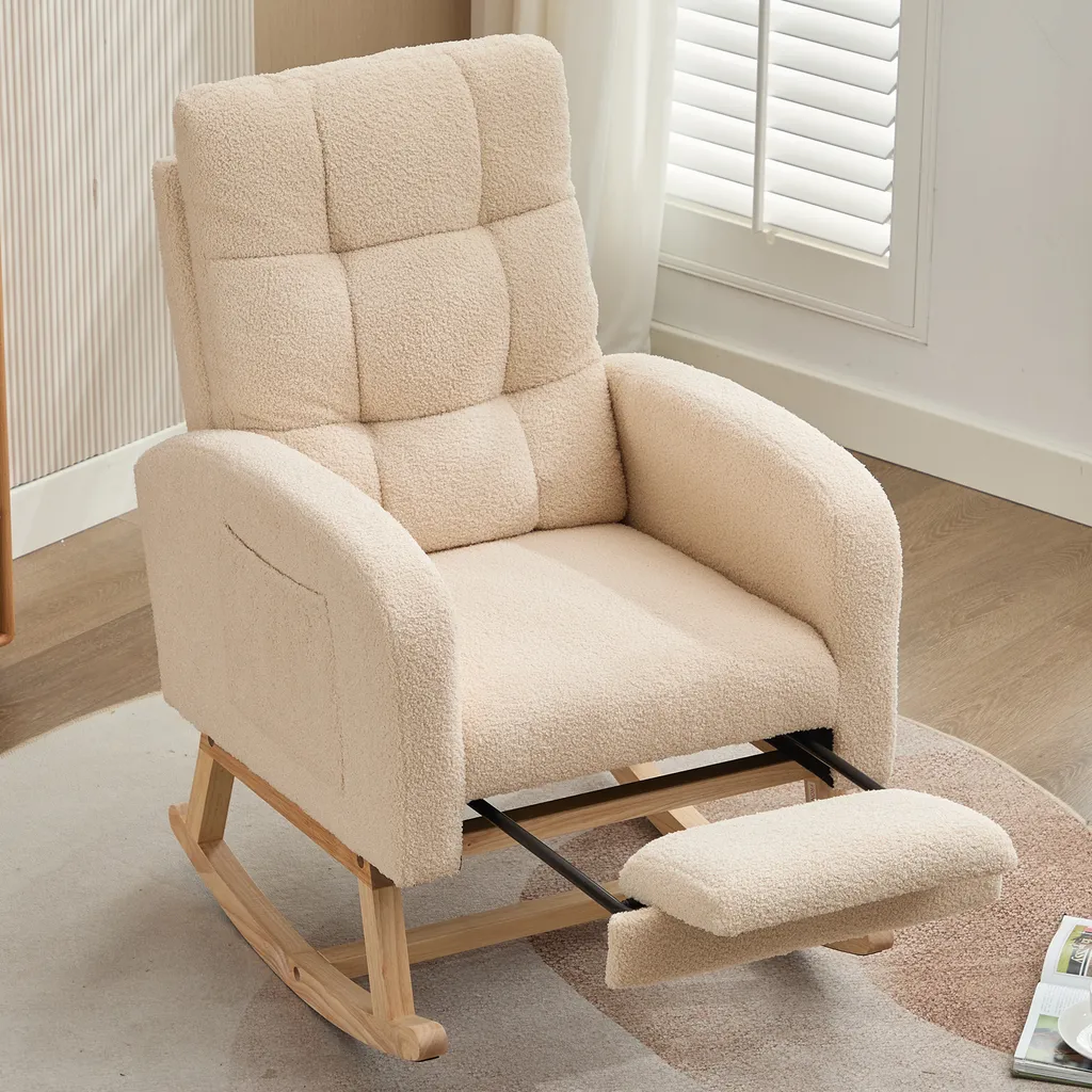 MODFU Fauteuil à Bascule Teddy Beige - Fauteuil Confortable Bois Massif