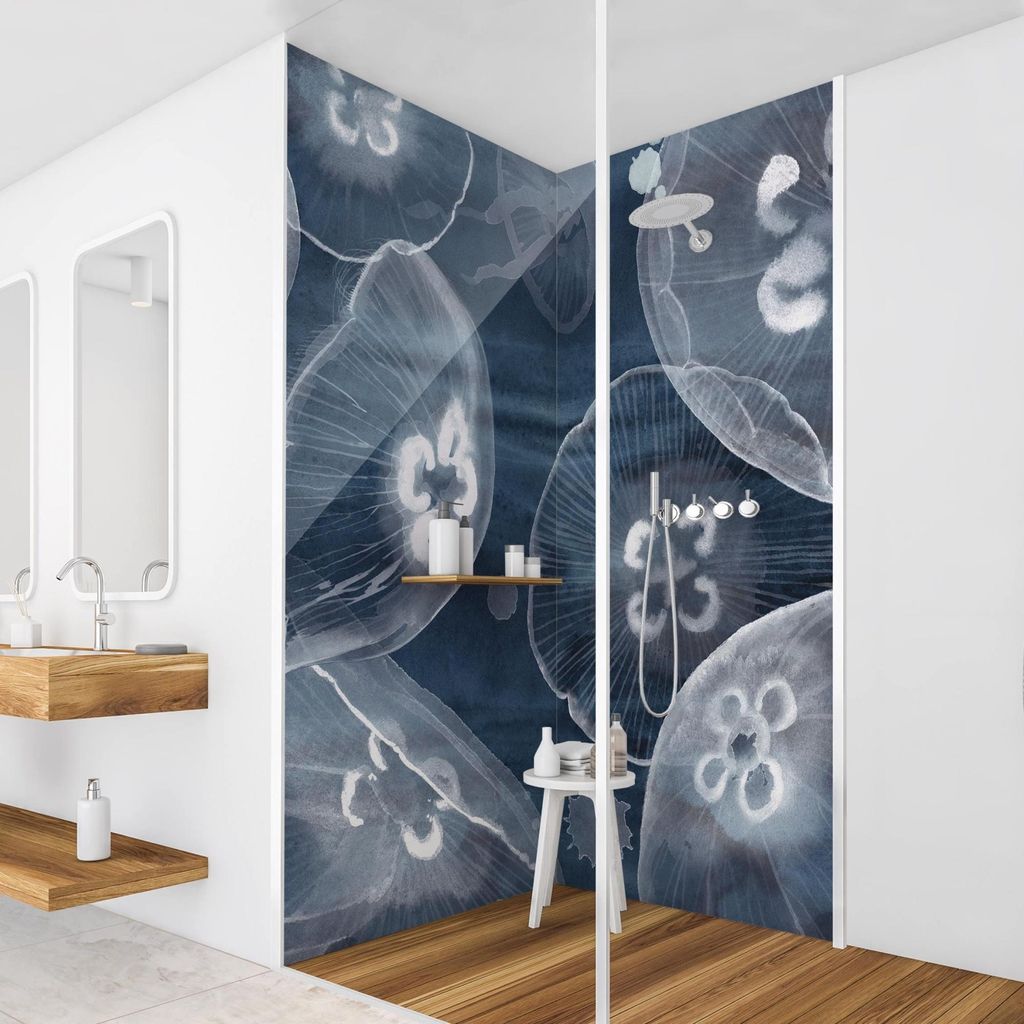 Duschrückwand Tiere selbstklebend - 0.61 mm Wandpaneel wasserfest Design blau Maritim Badrückwand fugenlos Premium matt 100x190 cm