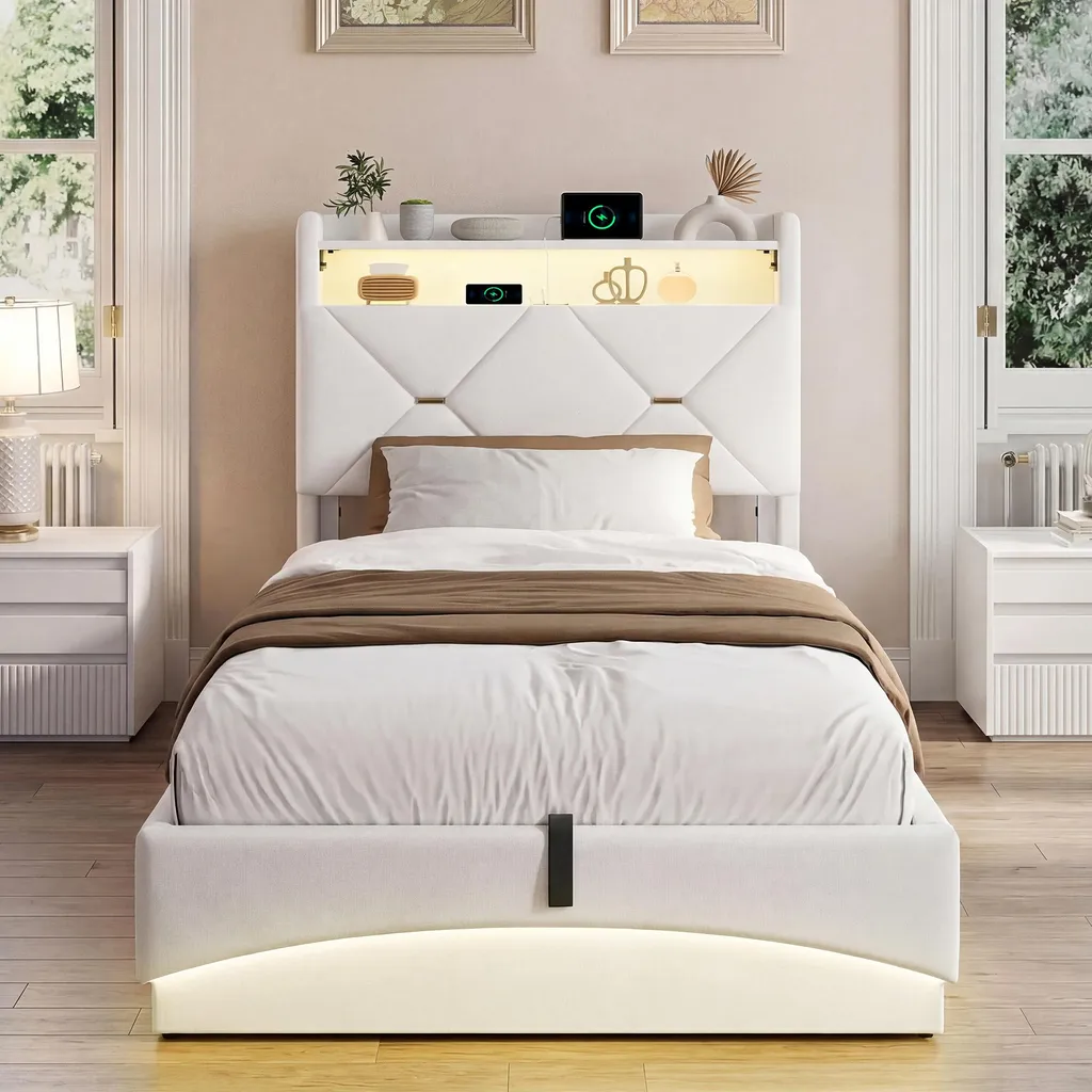 Lit LED et USB-C ProximaX 90x200 cm en velours beige avec rangement