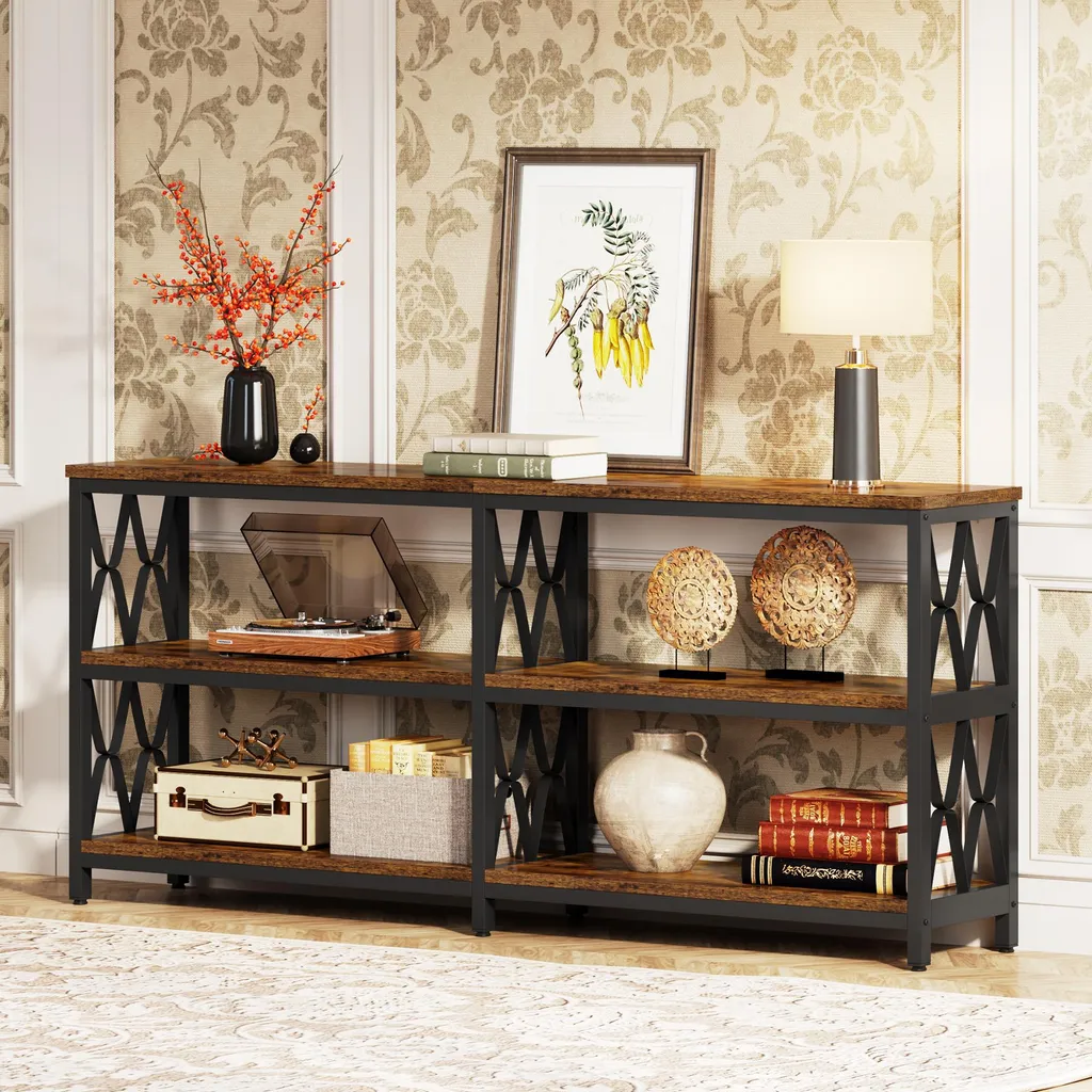 Table console industrielle à 3 niveaux en bois rustique et métal noir - 11