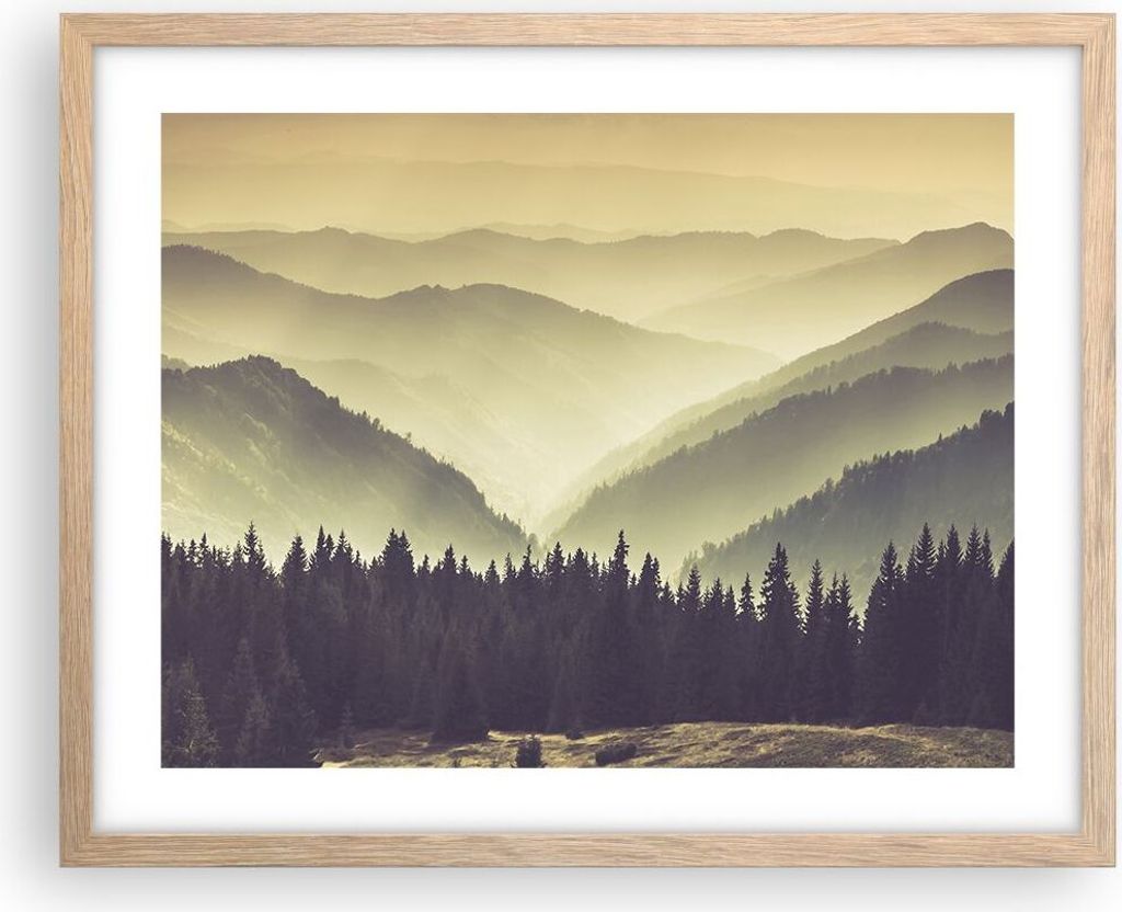 Gerahmtes Poster - Rahmen in heller Eiche - Berge Wald Natur - 50x40 cm - Wand Bild - Wanddeko - Wandbilder - Kunstposter - Wandposter - Bilderrahm...
