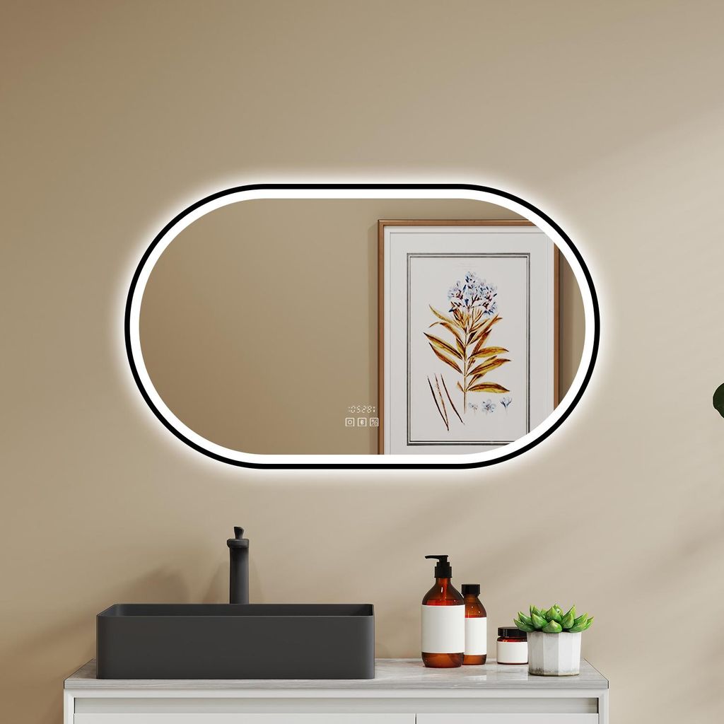 LED Badspiegel Oval 100×60cm mit Beschlagfrei Bluetooth Uhr 3 Lichfarbe dimmbar Spiegel mit Schwarzem Rahmen