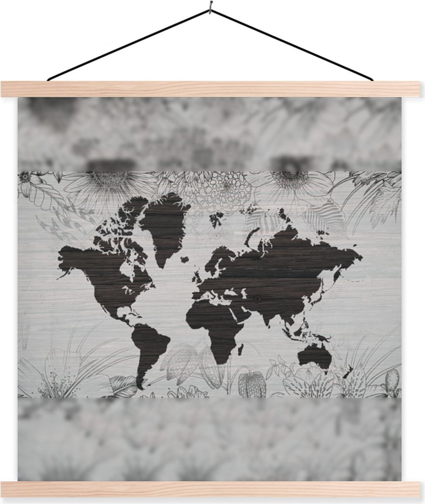 MuchoWow Textilposter Weltkarte - Blume - Braun 60x60 cm mit holzfarbenen Rahmen - Wanddekoration