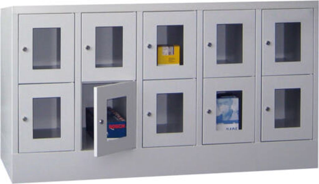 Schließfachschrank - Sichtfenstertüren - 10 Fächer a 300 mm - 855x1.500x500 mm (HxBxT) - Sockel - Zylinderschloss - lichtgrau/resedagrün