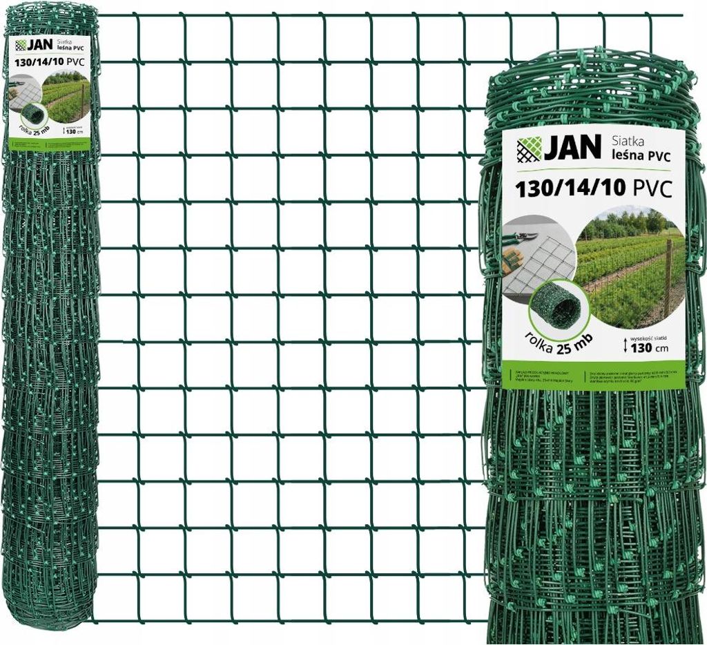 Forstzaun - 130/14/10 – 130 cm Höhe – 25 m Rolle – Grün – Verzinkt + PVC Beschichtet – Knotengeflecht Wildzaun 10 x 10 cm – 80 g/m²
