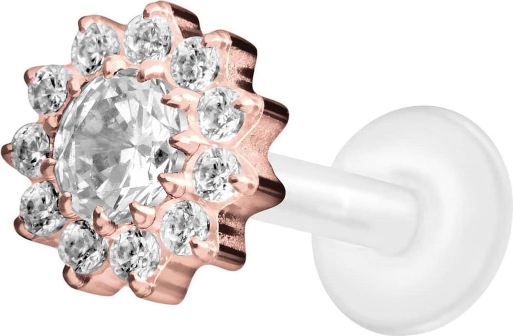 Ohrpiercing, Nasenpiercing PTFE Labret mit Innengewinde + Titan-Aufsatz KRISTALLBLUME RoséGold Stablänge: 10mm | Stabstärke: 1,2mm
