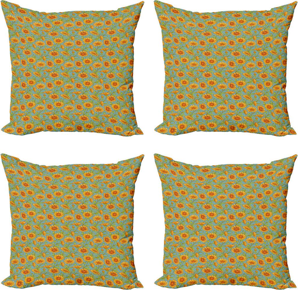 ABAKUHAUS Blumen Kissenbezug Set (4 Stück), Calendula Blumen Cartoon, Moderner Doppelseitiger Digitaldruck, 45 cm x 45 cm, Pale Teal orange