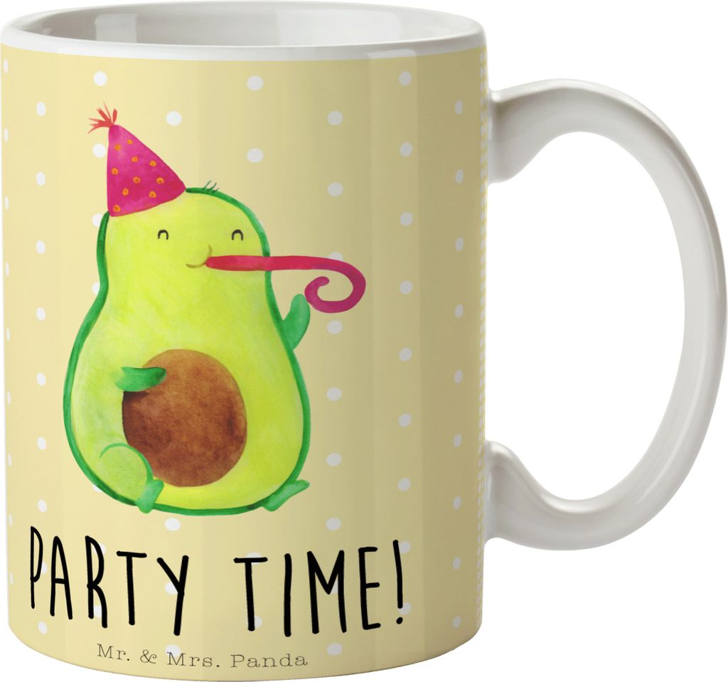 Mr. & Mrs. Panda Tasse Avocado Party Zeit - Gelb Pastell - Geschenk, Happy Birthday, Feier, Genießen, Keramiktasse, Becher, Geschenktasse, Trinkbe...