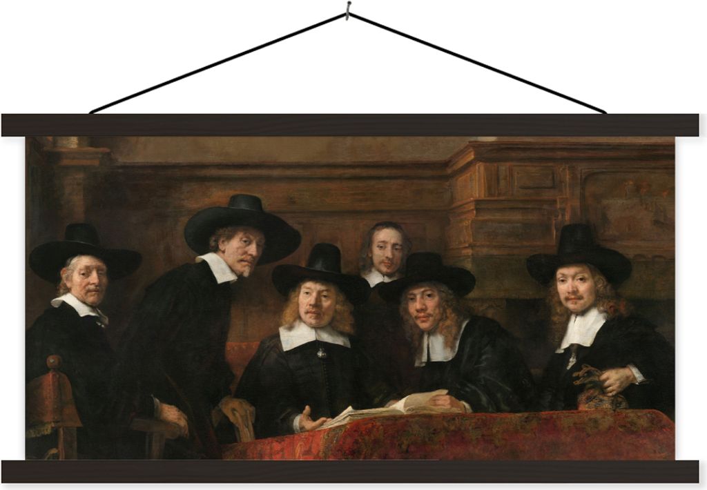 MuchoWow Textilposter Die Stahlmeister - Gemälde von Rembrandt van Rijn 150x75 cm mit schwarzem Rahmen - Posterleiste