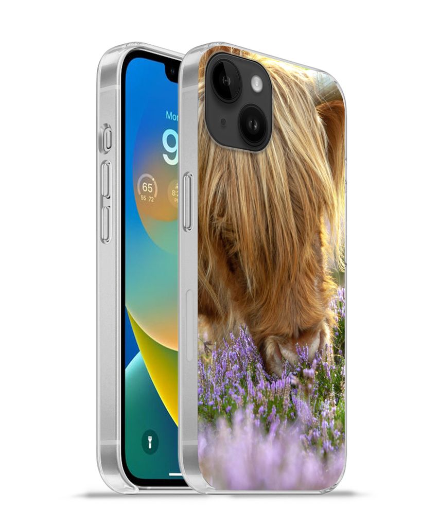 MuchoWow Handyhülle Schutzhülle Hülle für Apple iPhone 14 Plus - Soft case Schottische Highlander - Gras - Heidekraut - Tiere Silikon Softcas...