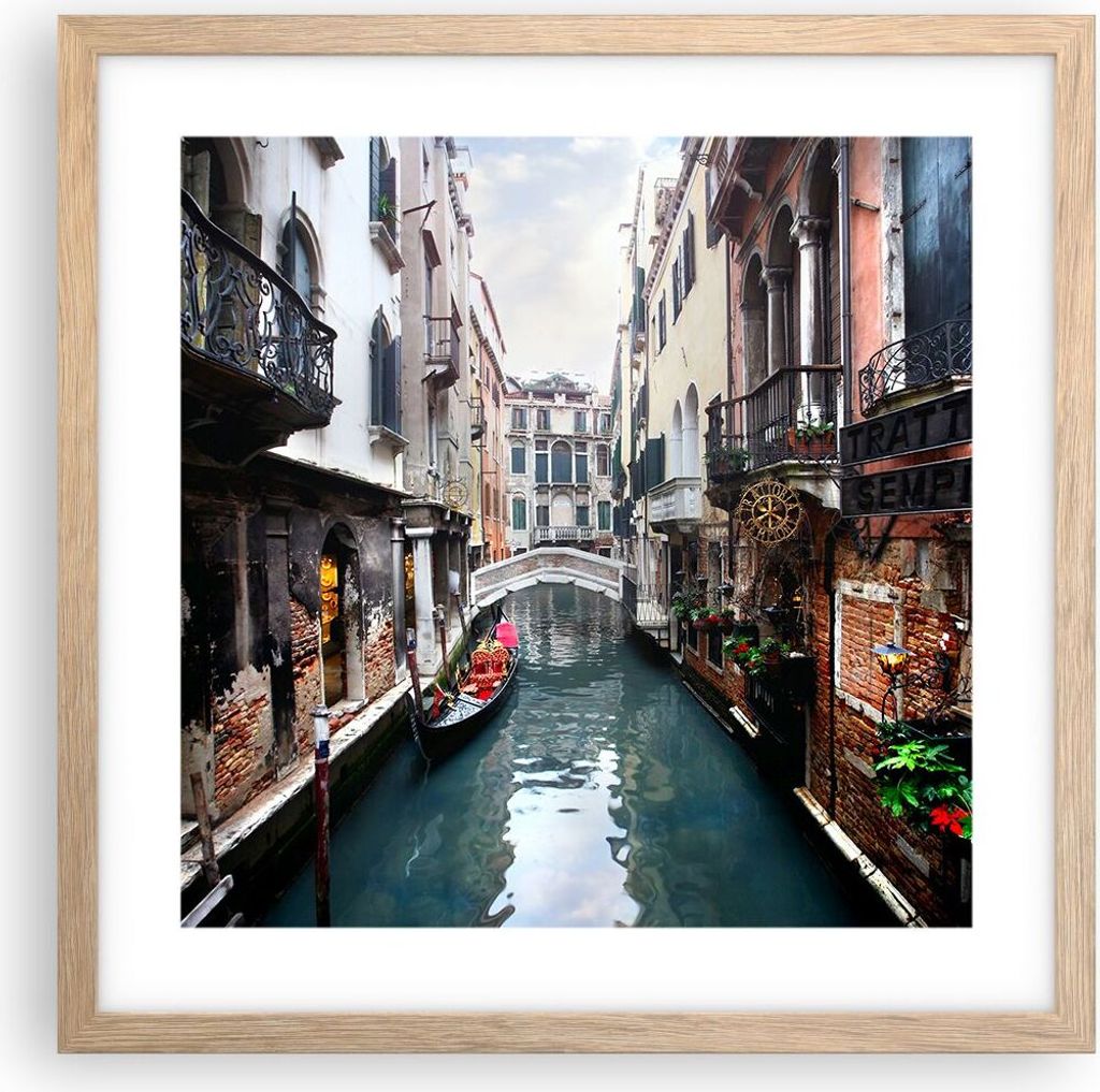 Gerahmtes Poster - Rahmen in heller Eiche - Boot Brücke Tourismus Venedig - 40x40 cm - Wand Bild - Wanddeko - Wandbilder - Wandposter - Bilderrahm...