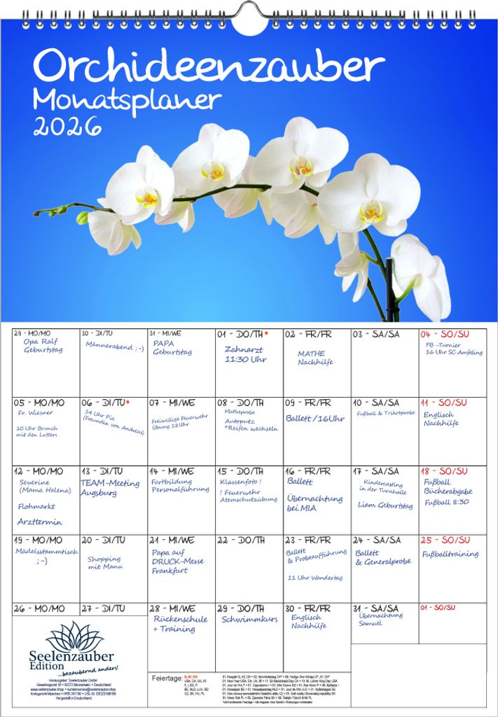 Orchideenzauber Planer DIN A3 Kalender für 2026 Orchideen und Blüten - Seelenzauber