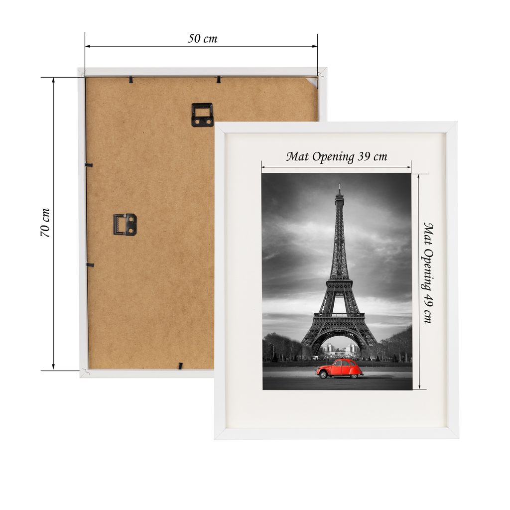A white picture frame with a mat and a black and white image of the Eiffel Tower with a red car in front. Dimensions are shown.