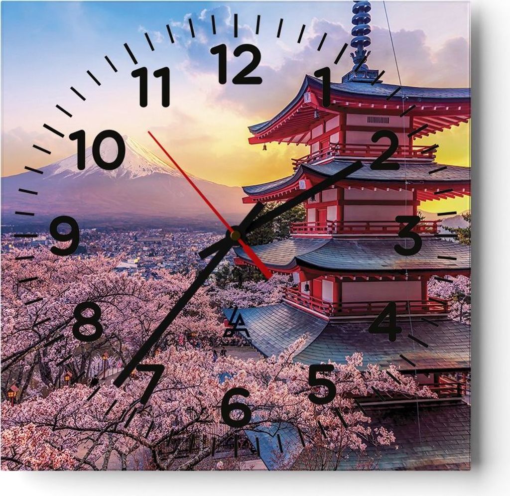 Wanduhr - Quadrat - Glasuhr - Fuji Choreito Pagode - 30x30cm - Schleichendes Uhrwerk - Lautlos - zum Aufhängen bereit - Dekoration Modern - Wandde...