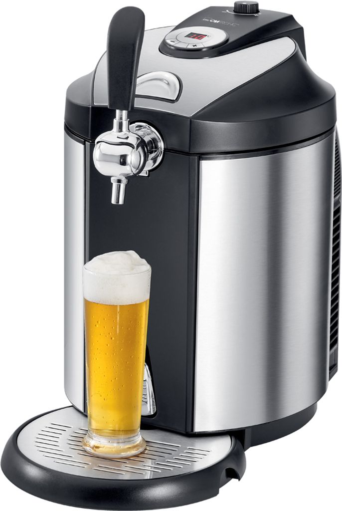 A beer dispenser with a glass of beer in front of it.