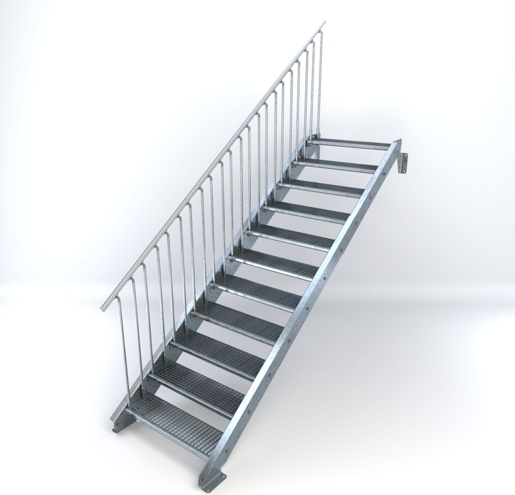 Stahltreppe 11 Stufen bis Höhe 220 cm, Laufbreite : 90 cm Geländer links ST 2 (31 / 31 mm gezackt)