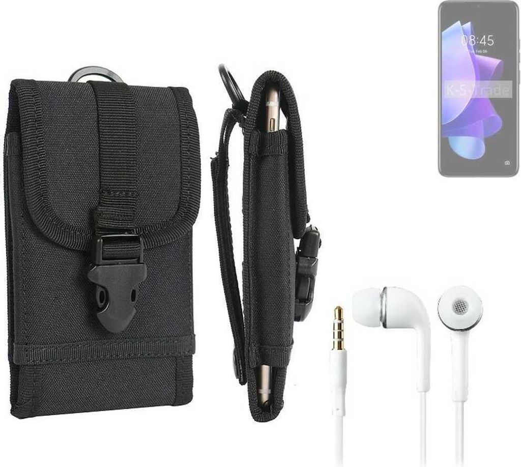 K-S-Trade Holster Schutz Hülle kompatibel mit Tecno Pop 7 Gürteltasche Handy Hülle Tasche outdoor Seitentasche schwarz 1x + Kopfhörer