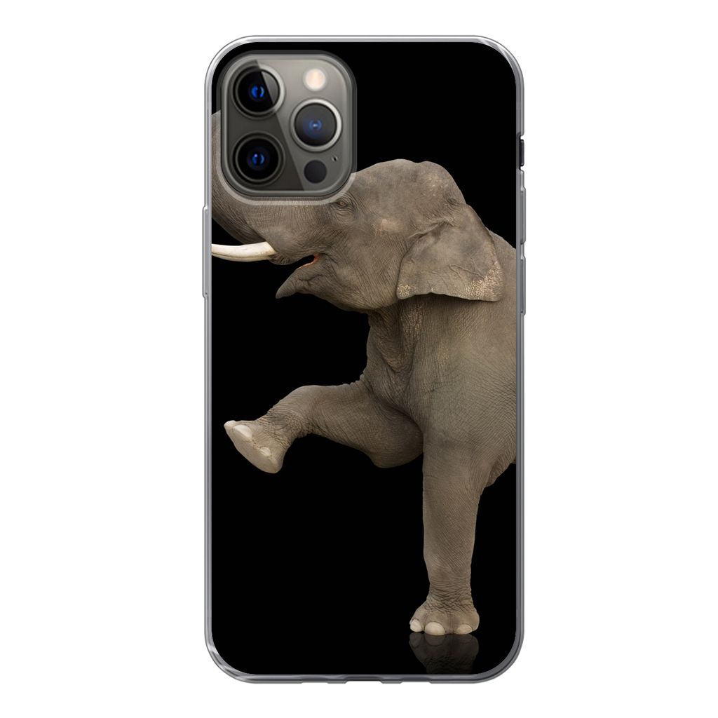 MuchoWow Handyhülle Schutzhülle Hülle für iPhone 12 Pro Elefant - Tiere - Schwarz - Porträt Silikon Softcase Handy Hülle - Abdeckung
