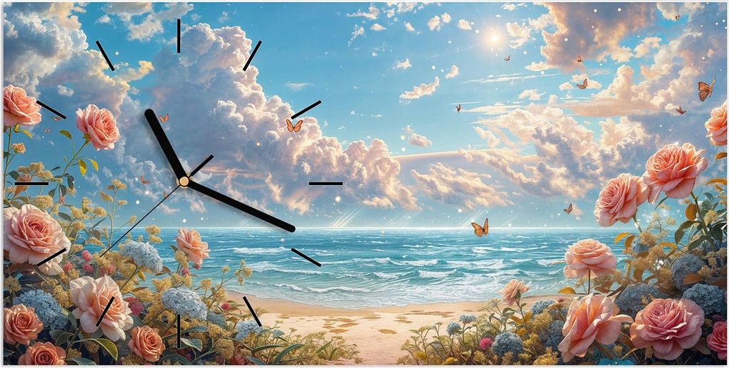 Wanduhr aus Glas mit Motiv Strandzeit mit Rosen- 60 x 30 cm - inkl. Aufhängesystem