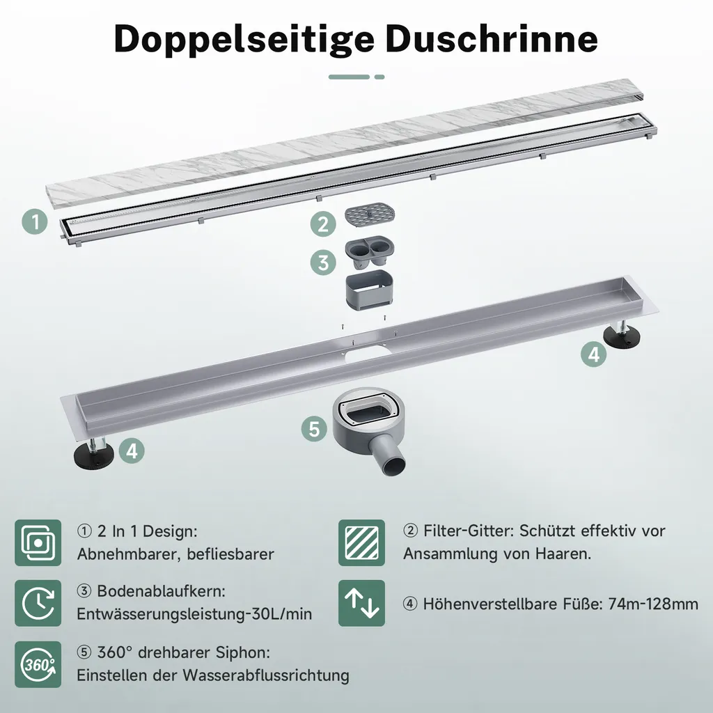 Canaletta Doccia 70 cm SONNI Inox 304 | Design 2 in 1 Invisibile - 7