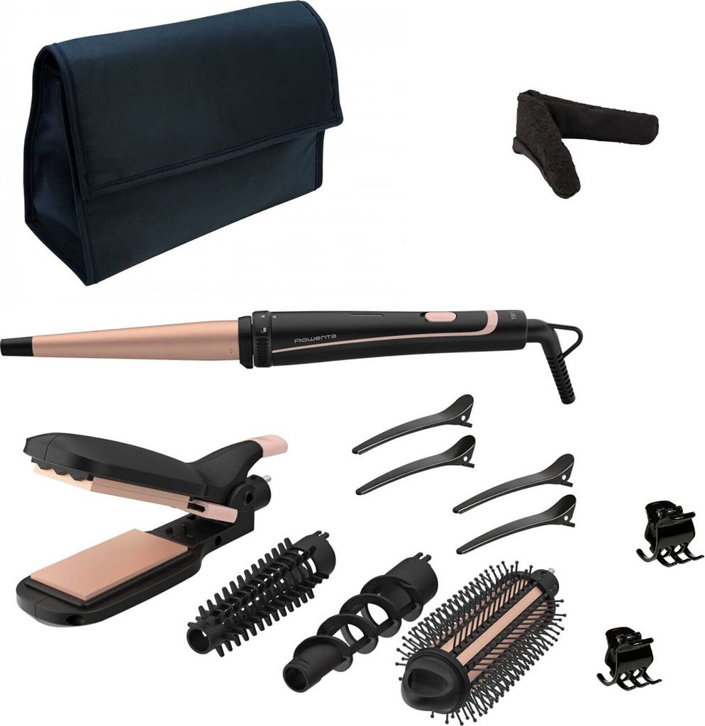 A collection of hair styling tools and accessories laid out on a white background.