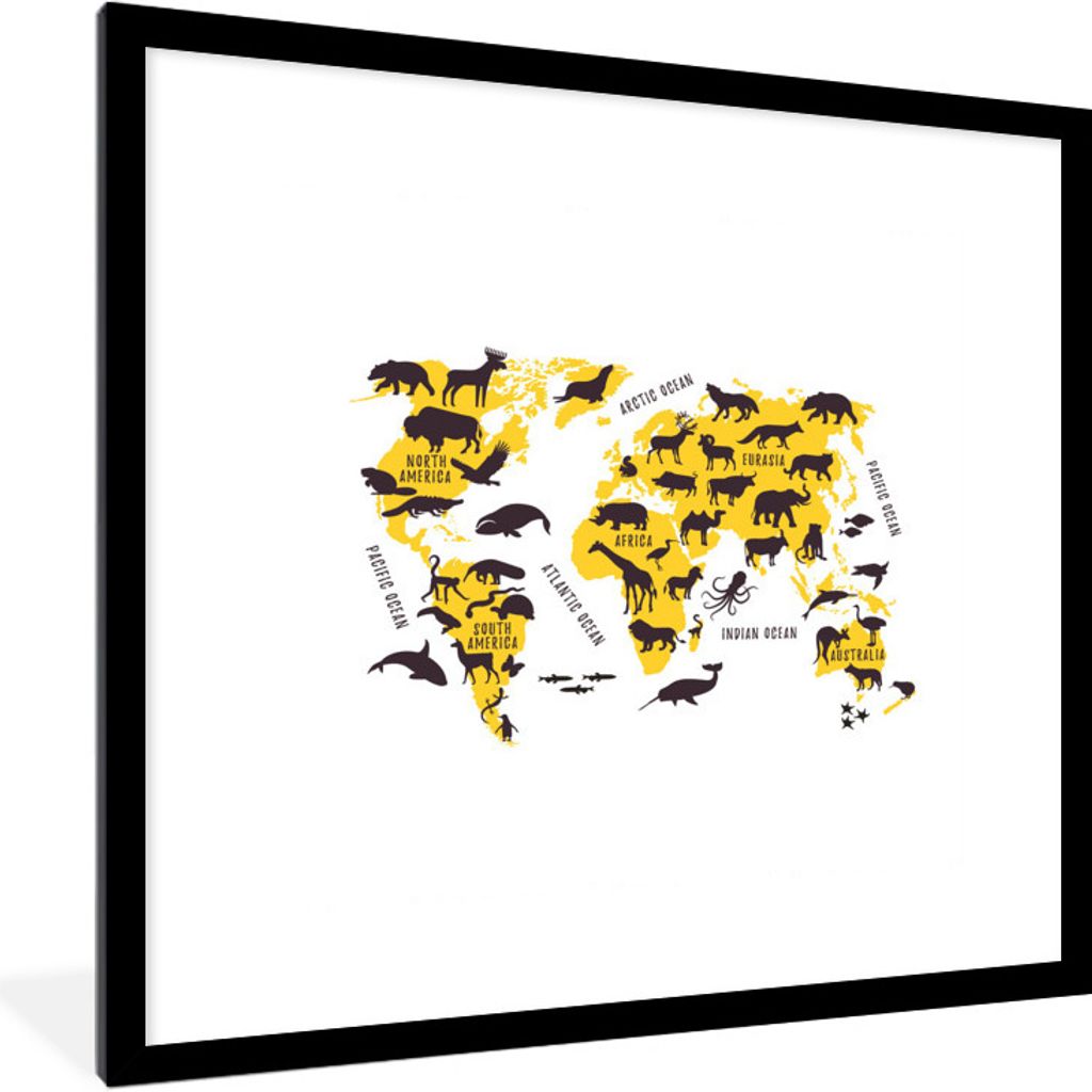 MuchoWow MuchoWow Gerahmtes Poster Weltkarte - Tiere - Gelb 40x40 cm - Poster mit zchwarzem Bilderrahmen - Poster - Plakat im Rahmen
