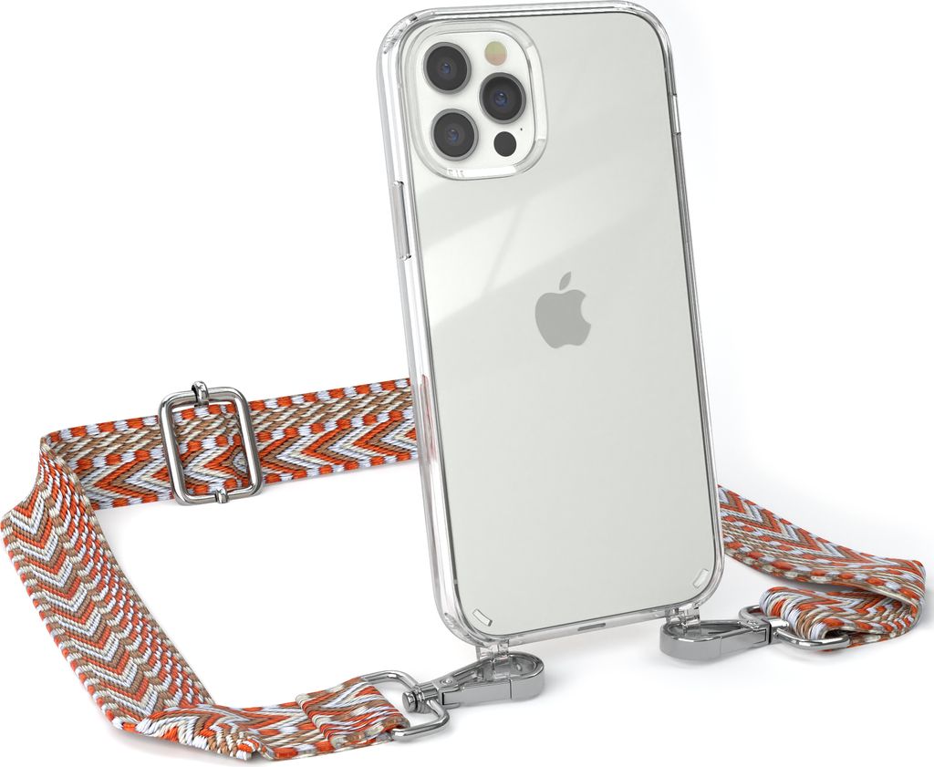 EAZY CASE Handykette - Verstellbarer Trageriemen kompatibel mit Apple iPhone 12 / 12 Pro, Handykordel mit transparenter Silikon-Hülle, Band in Orange