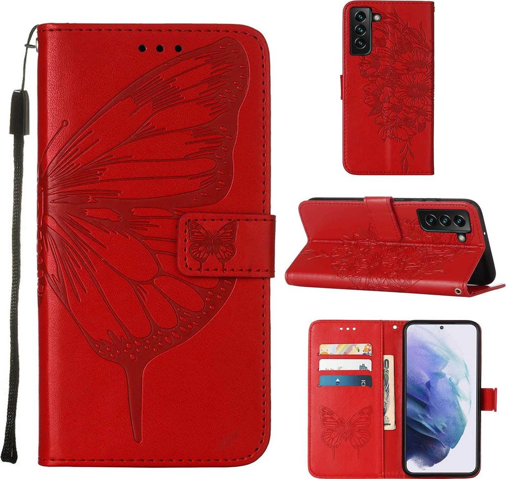 Galaxy S23 Plus Hülle, Schmetterling Prägung Flip Leder Kartenfächer Schutzhülle Ledertasche mit Ständer für Samsung Galaxy S23 Plus Rot