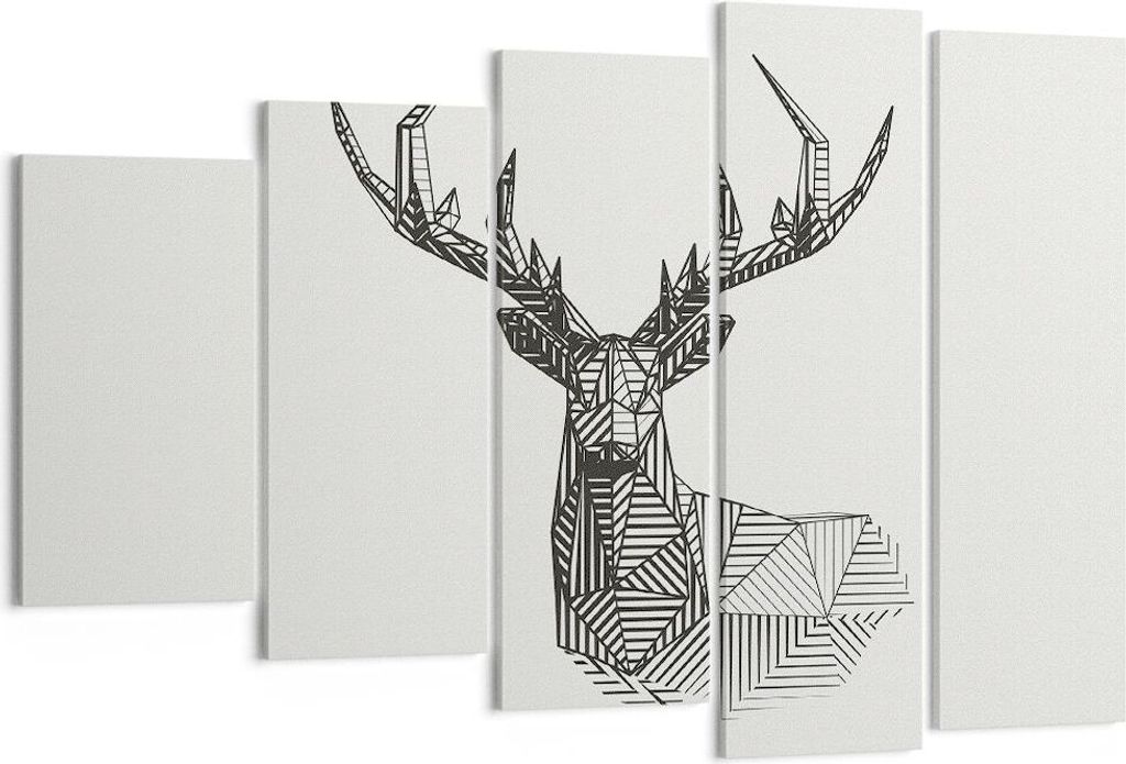 Bild auf Leinwand - Leinwandbild - 5 Teile - Hirsch Skizze Skandinavisch - 150x100cm - Wand Bild - Wanddeko - Wandbilder - Leinwanddruck - Bilder -...