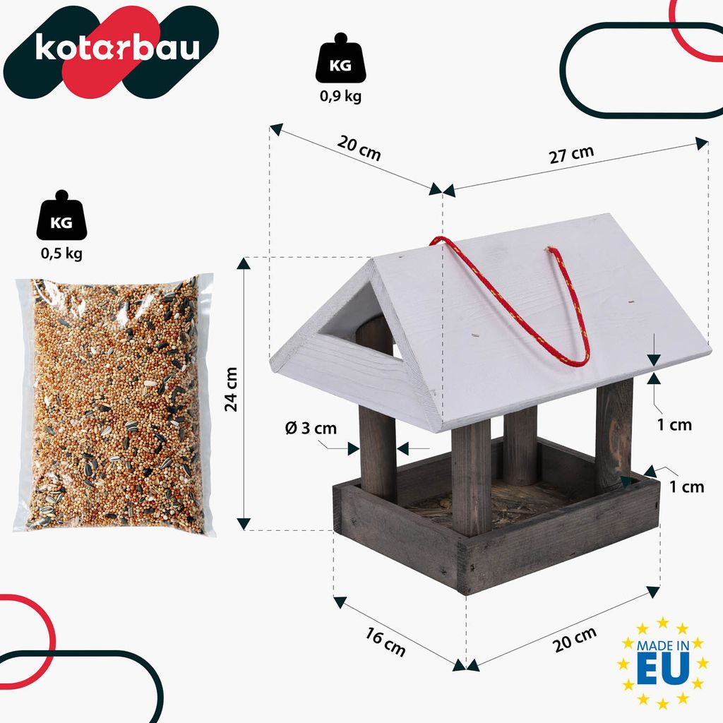 KOTARBAU® Vogelhaus 26x26x22cm Aus Holz - Graues Futterhaus Mit 0,5kg Vogelfutter