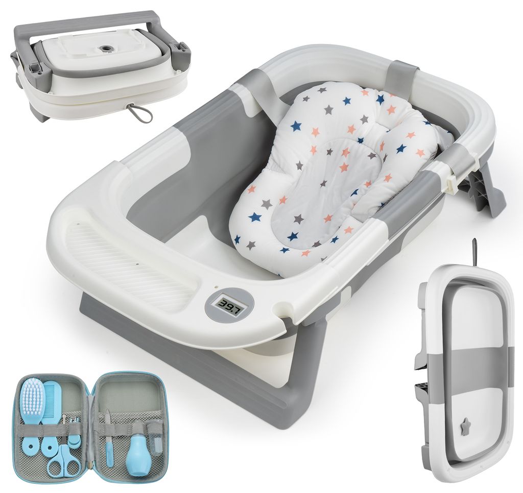 Faltbare Badewanne Baby Badewanne Faltbar mit Baby Badekissen und Thermometer, für Babys Von 0-36 Monaten, mit Baby Pflegeset, Tragbare Babywanne