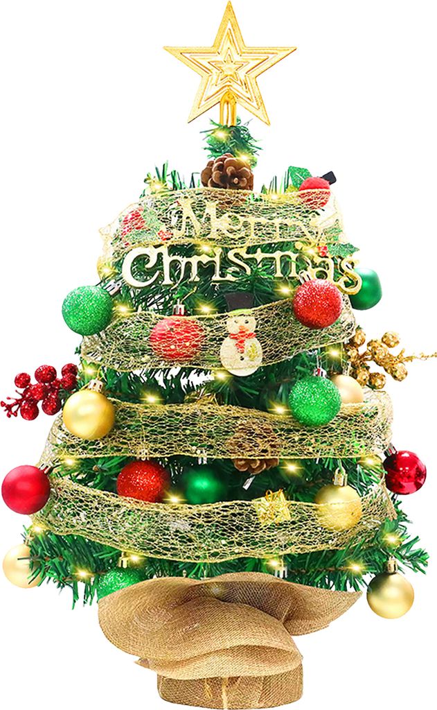 2FT LED-Tisch-Weihnachtsbaum mit LED-Lichterketten Top Star Red Green Balls Ribbon Mini-kuenstlicher Weihnachtsbaum fuer Weihnachtsdekoration