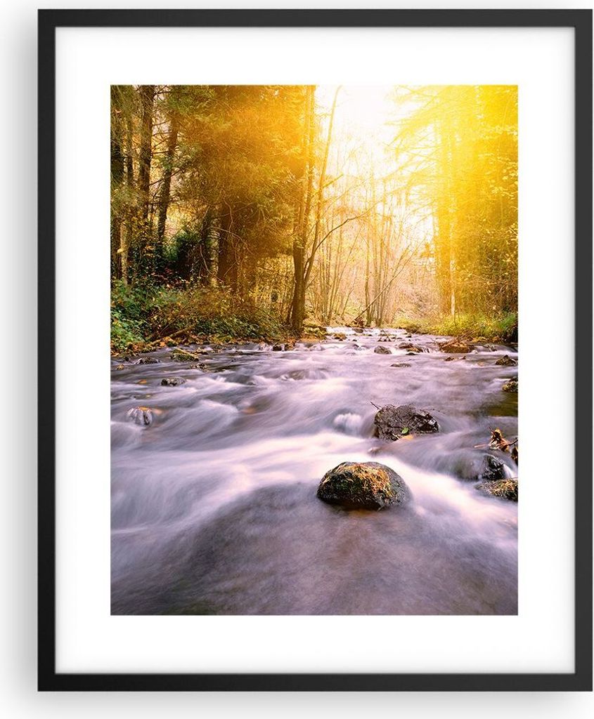Gerahmtes Poster - Schwarzer Rahmen - Herbst Wald Berg Fluss - 40x50 cm - Wand Bild - Wanddeko - Wandbilder - Kunstposter - Wandposter - Bilderrahm...