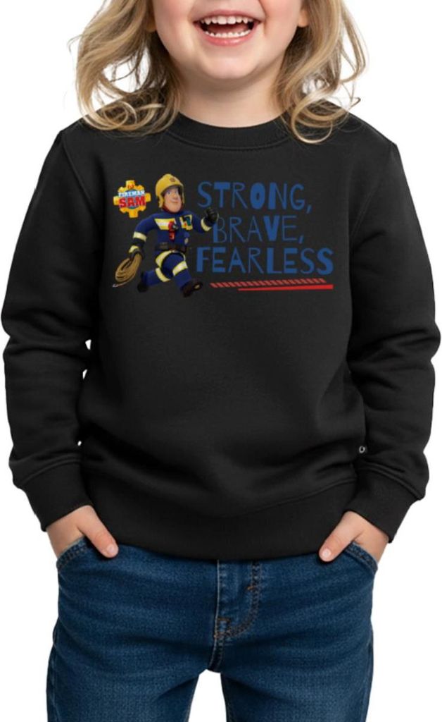 Spreadshirt Feuerwehrmann Sam Strong, Brave, Fearless Kinder/Teenager Premium Pullover, 122/128 (6 Jahre), Schwarz