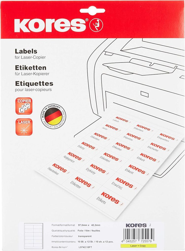 Kores Folien-Etiketten 97 x 42,3 mm transparent 120 Etiketten auf 10 Blatt