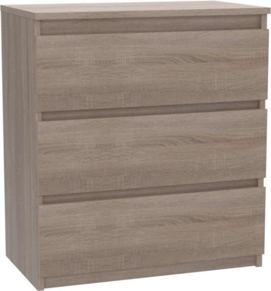 A front view of a three-drawer chest of drawers.