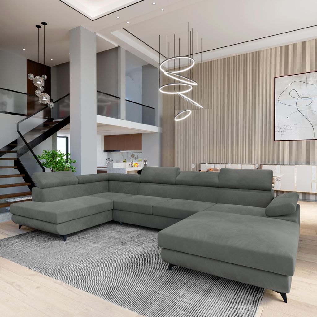 Masseno Ecksofa RUBANO L-S mit Schlaffunktion U-Form, Sofa mit Bettkasten, Wohnzimmersofa, Couch, Soffa, Bettsofa, Couchgarnitur- Grau, MONOLITH 85