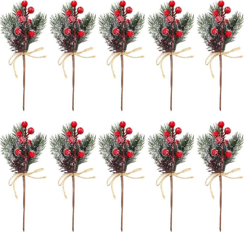 10 Stück Künstliche Kiefer Gepflückte Weihnachtsbeeren Rote Stechpalmenbeeren Tannenzapfen 23 x 11cm Künstliche Tannenzweige für DIY Craft Gru...