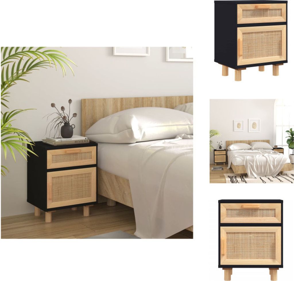 vidaXL Nachttisch Schwarz Massivholz Kiefer und Natur-Rattan - Nachttische